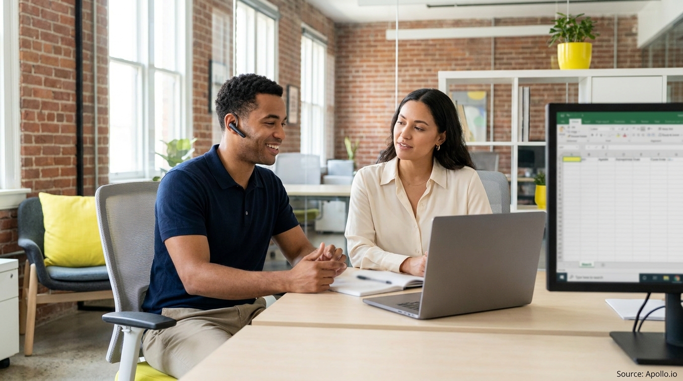 Two colleagues review data on a laptop and monitor in a bright, modern office.