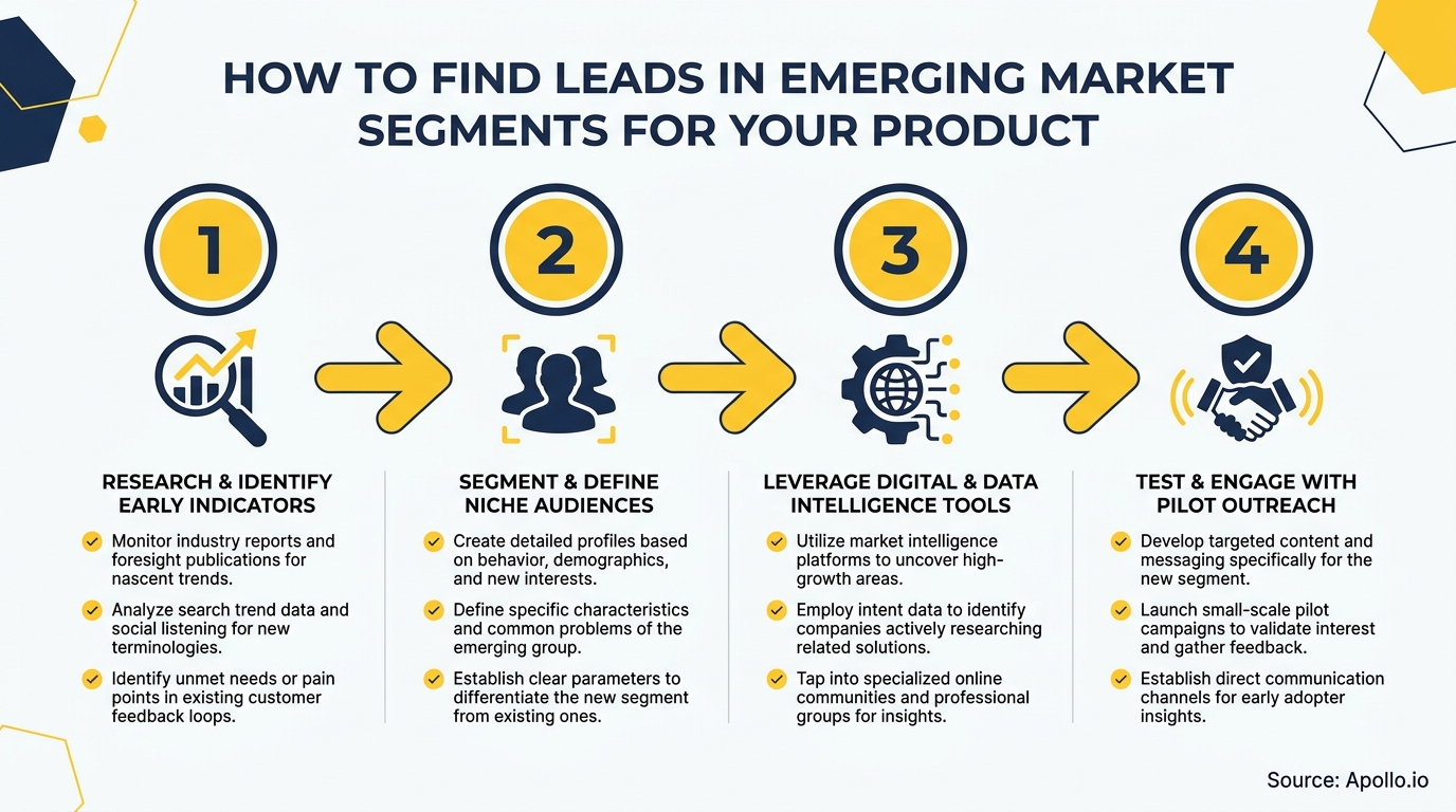 Four-step process flow for finding leads in emerging market segments.