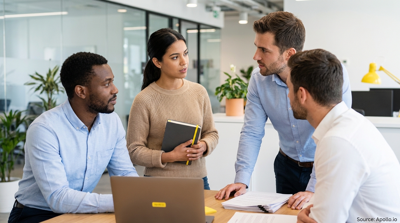 Four colleagues discuss a project around a laptop and papers in a bright, modern office.