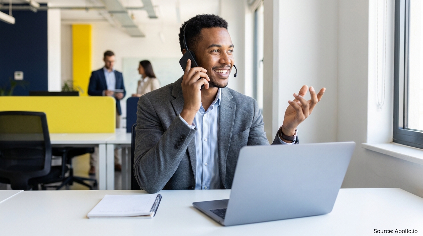 Smiling man on a call, gesturing at a laptop in a modern office with blurred colleagues.