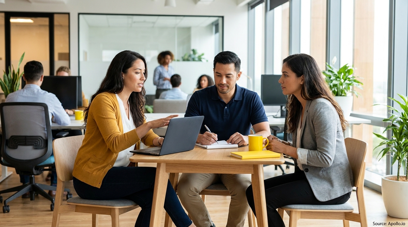 Three colleagues discuss work at a modern office table with a laptop.
