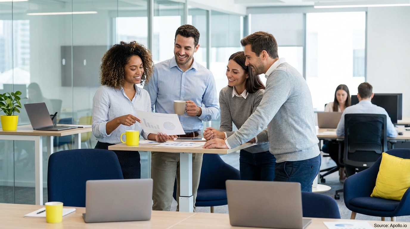 Sales team collaborating in a modern open-plan office in a sales team meeting