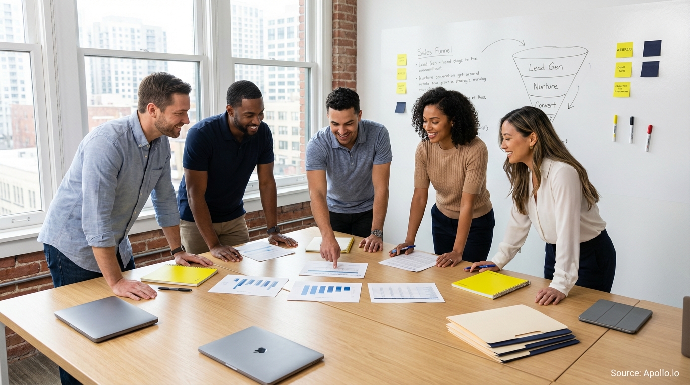 Sales professionals discussing strategy around a conference table in a sales team meeting