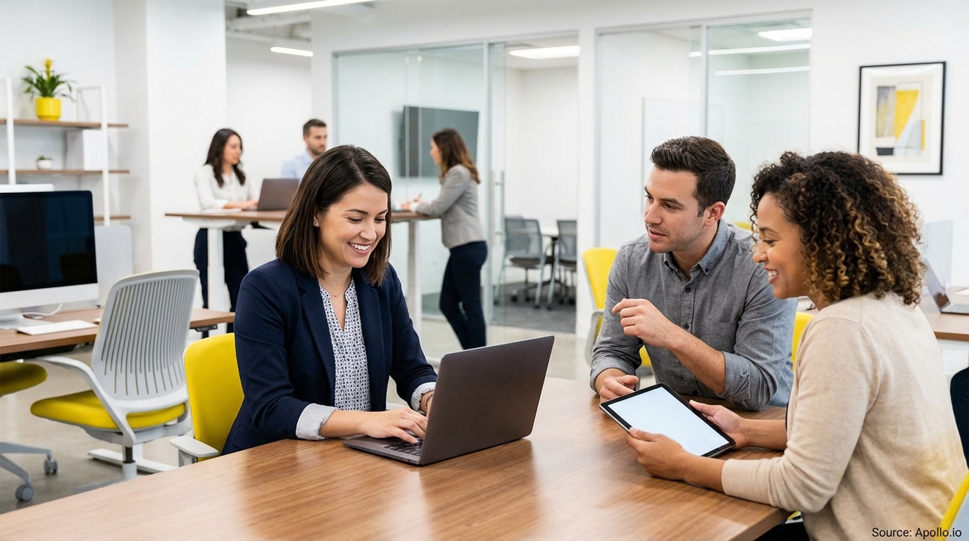 Three smiling colleagues collaborate at a modern office table with a laptop and tablet.