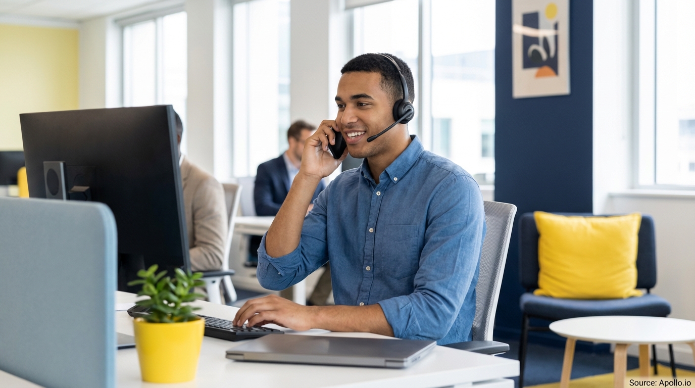 A smiling man wearing a headset talks on a phone and types at a computer in an office.