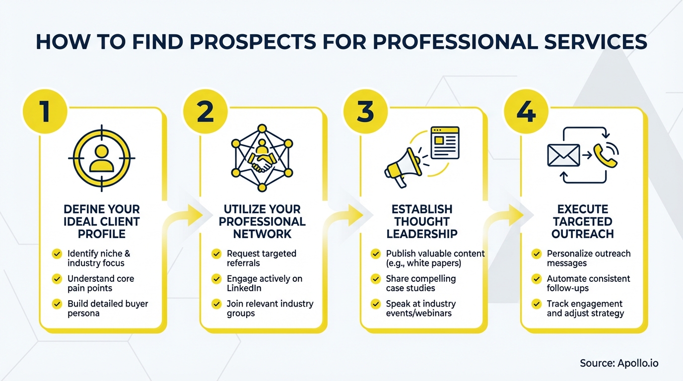 Infographic showing a four-step process to find professional services prospects.