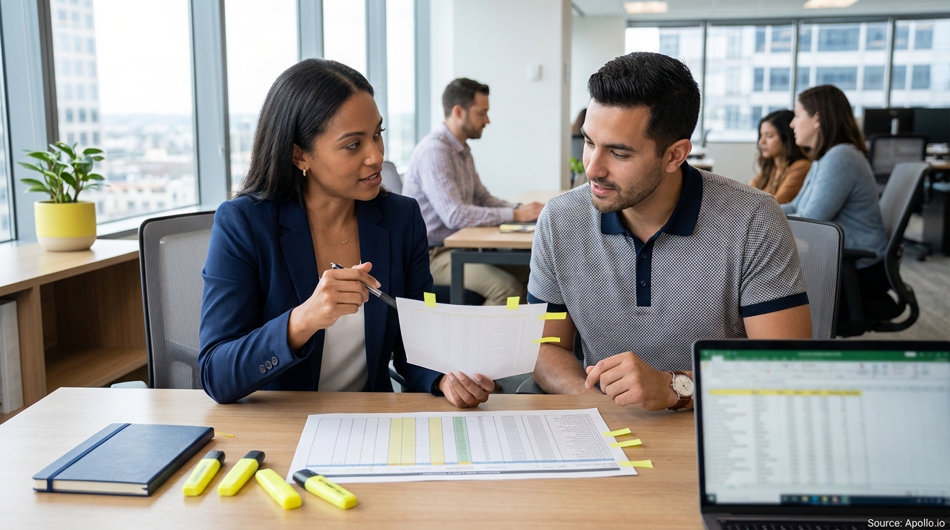 Two colleagues discuss highlighted documents and data in a modern office.