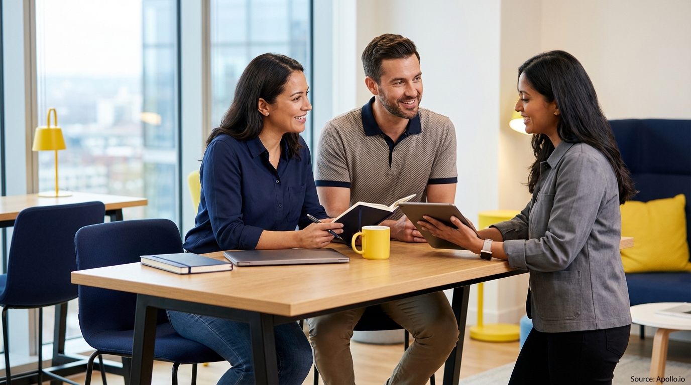 Three smiling professionals discussing information at a modern office table.