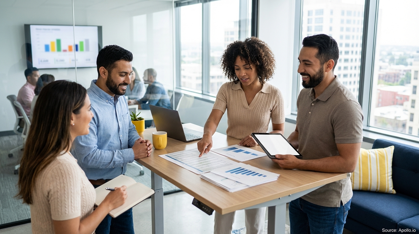 Sales team collaborating in a modern open-plan office analyzing sales pipeline