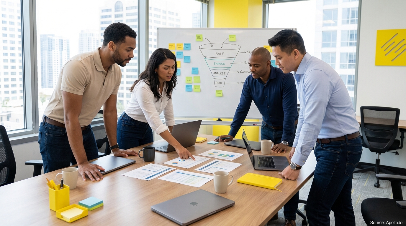 Sales professionals discussing strategy around a conference table analyzing sales pipeline