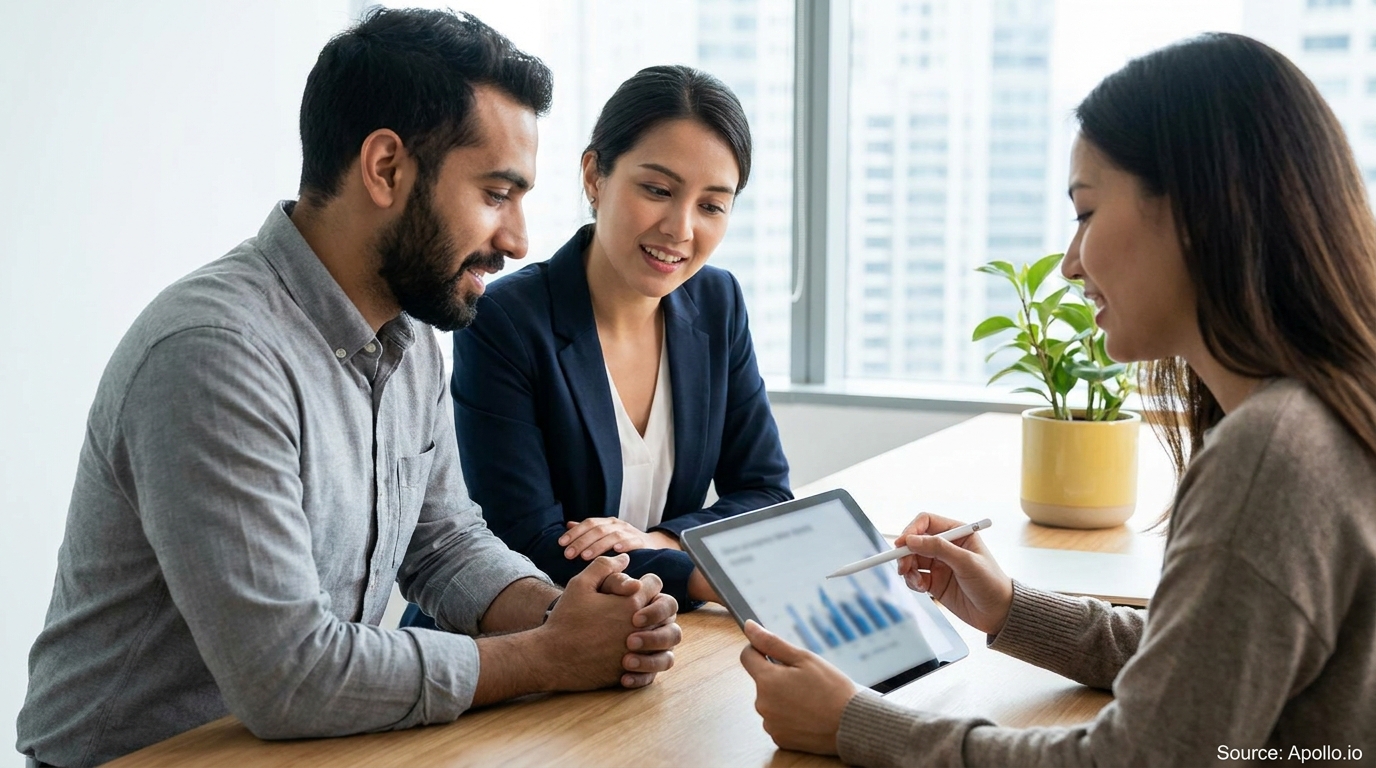 Three people in an office review a tablet displaying charts, with one pointing with a stylus.