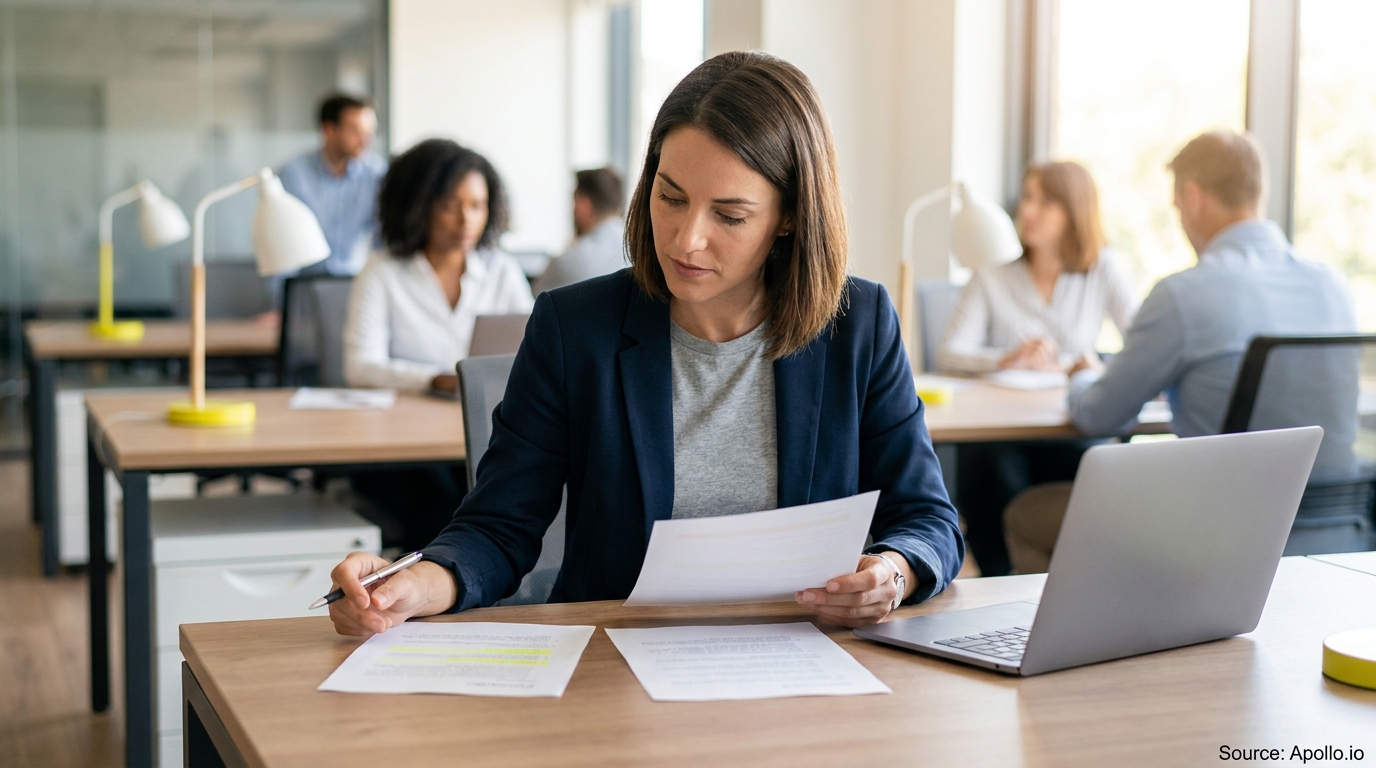 A professional woman reviews documents at a desk in a collaborative office environment.
