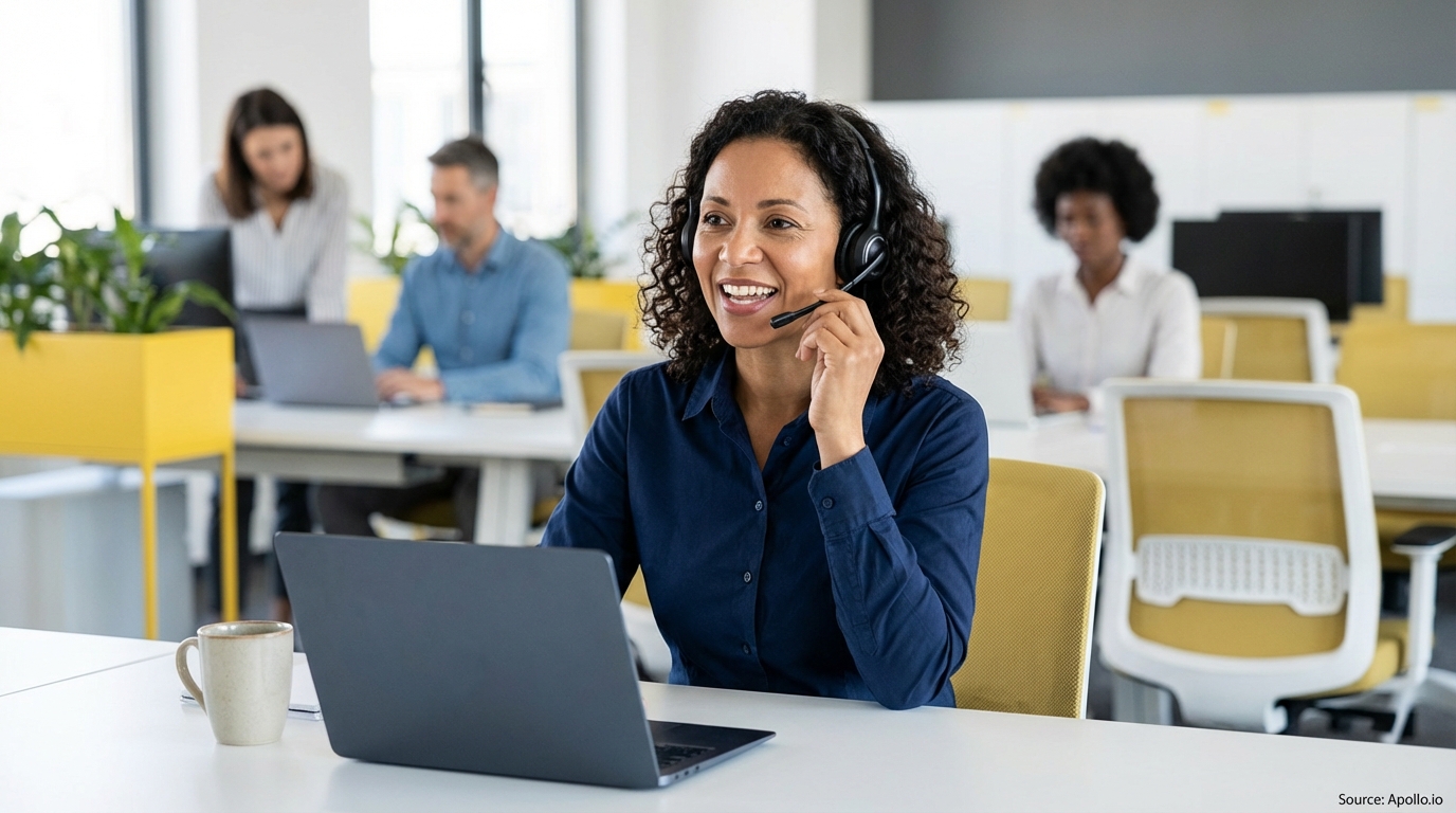 Smiling woman wears a headset and uses a laptop in a bright office with colleagues.