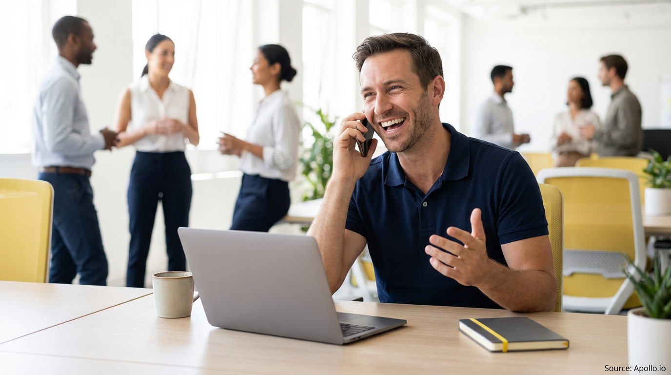 Man laughing on phone at a desk in a modern office, with other people conversing in the background.