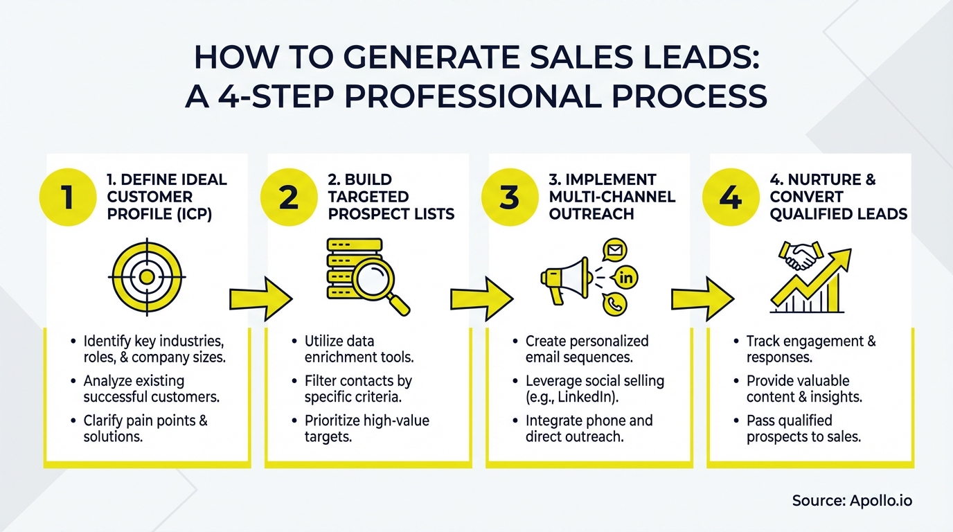 A four-step infographic illustrates the professional process for generating sales leads.