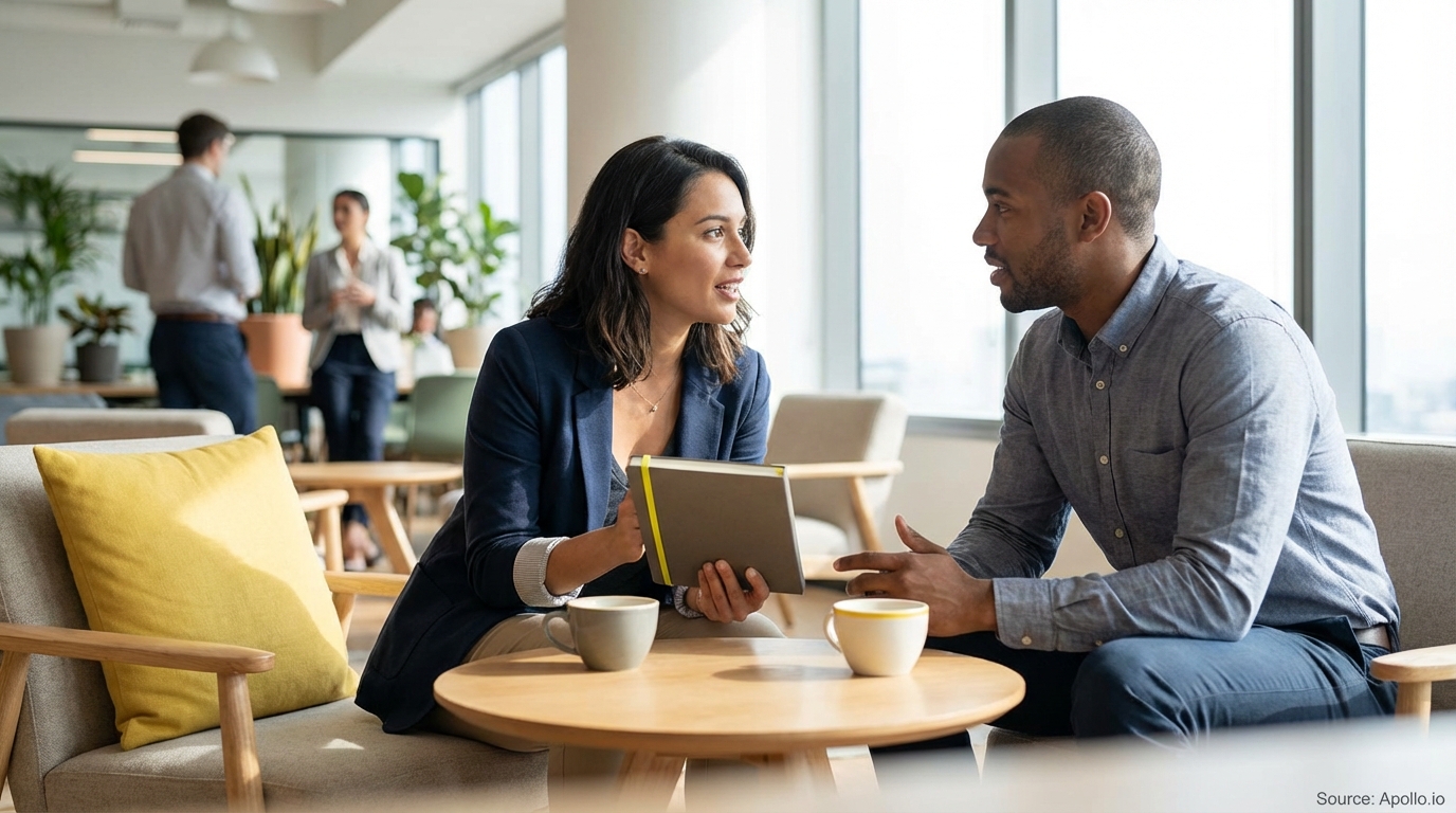 Two professionals are talking with a notebook and coffee in a modern office lounge.