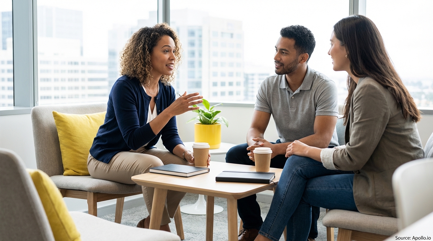 Three diverse professionals discuss in a bright, modern office lounge with coffee.