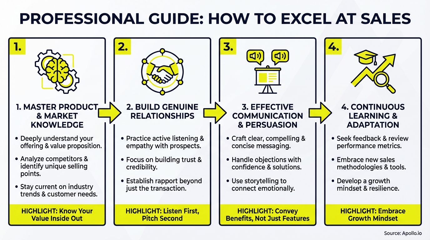 Infographic outlining four steps to excel at sales, depicted with descriptive text and corresponding icons.