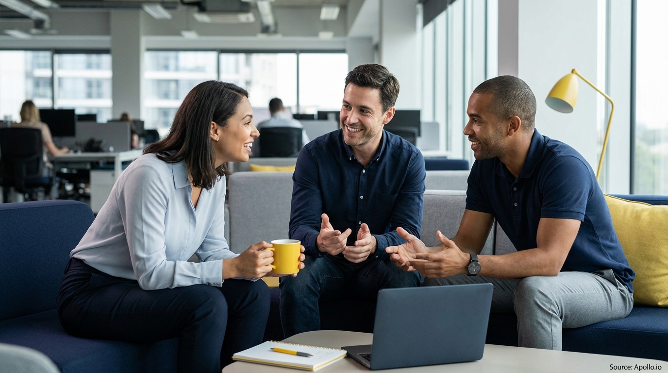 Three smiling people converse in a bright, modern office lounge.