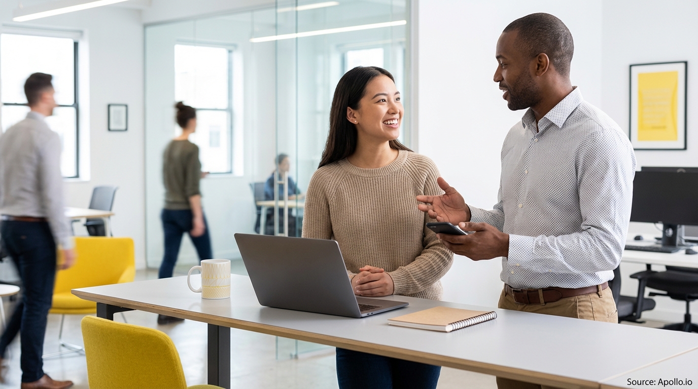 Two professionals discuss by a laptop in a modern, active office.