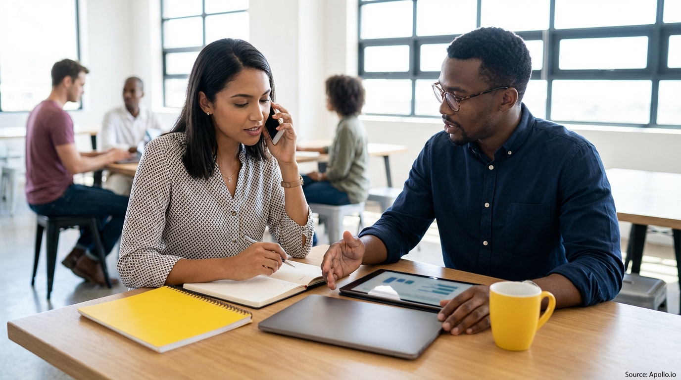 Two professionals discuss work at a table, one on a call, in a bright modern office.