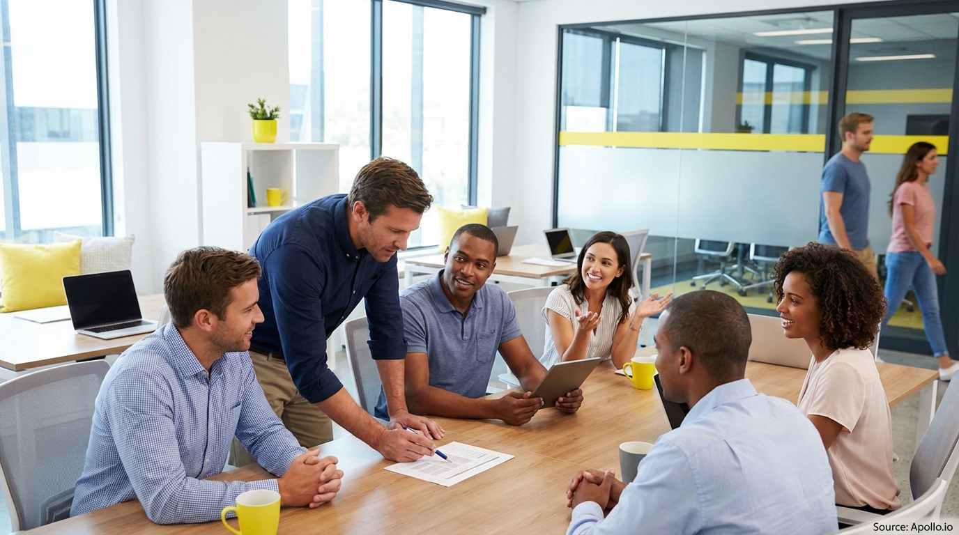 Sales team collaborating in a modern open-plan office evaluating sales technology options