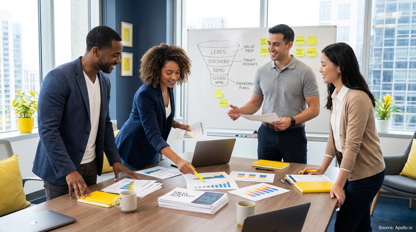 Sales professionals discussing strategy around a conference table evaluating sales technology options