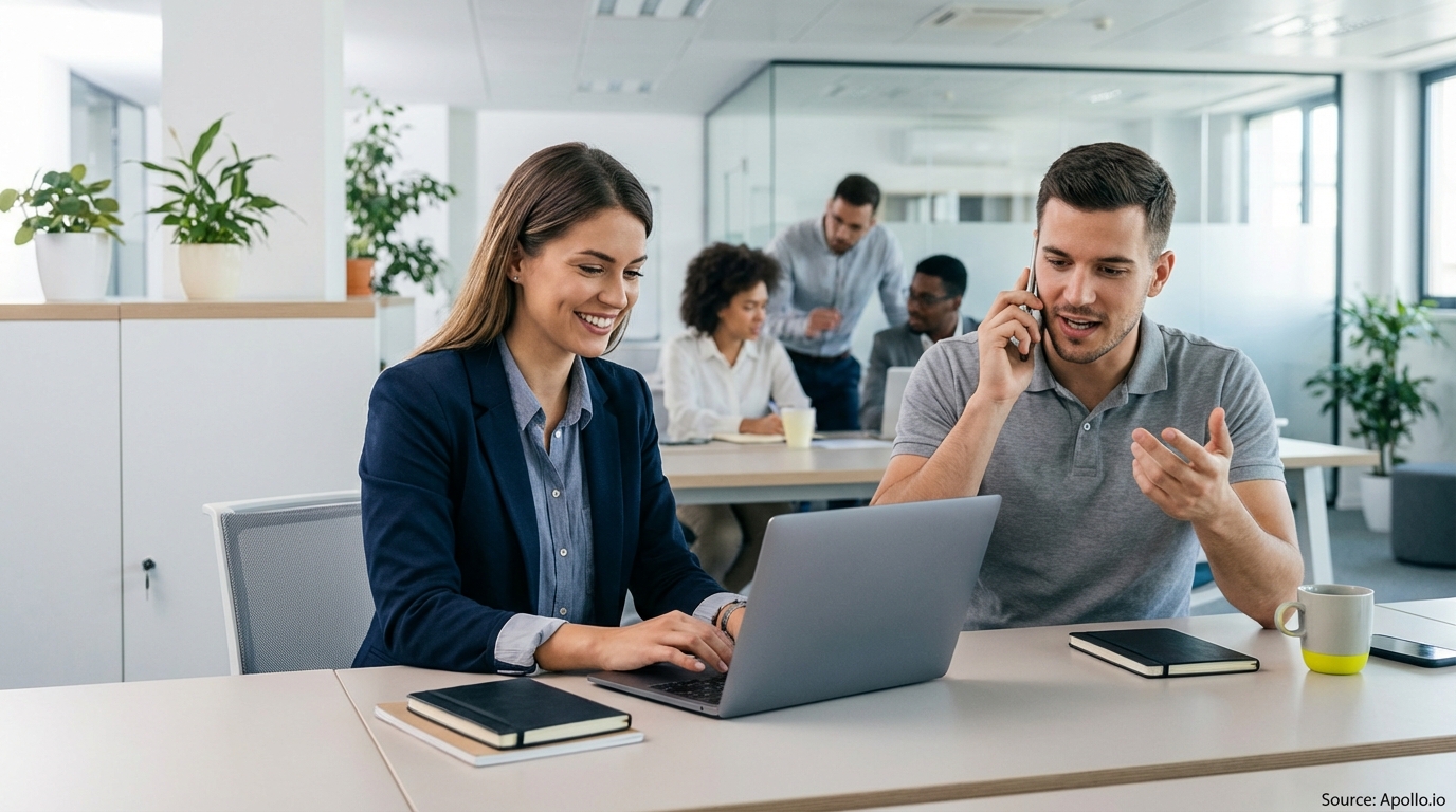 Two office workers use laptops and phone, three colleagues collaborate in background.