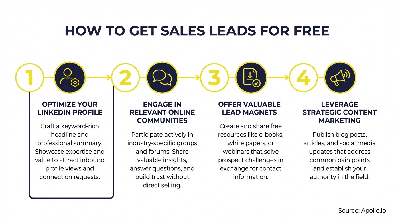 Infographic illustrating four steps to get sales leads for free with corresponding icons and text descriptions.