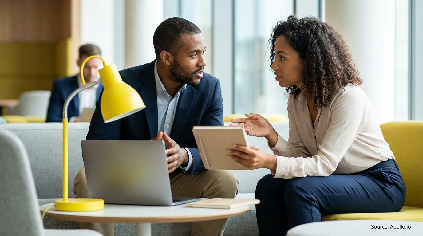 Two professionals discuss business with a laptop and notebook in a modern office lounge.
