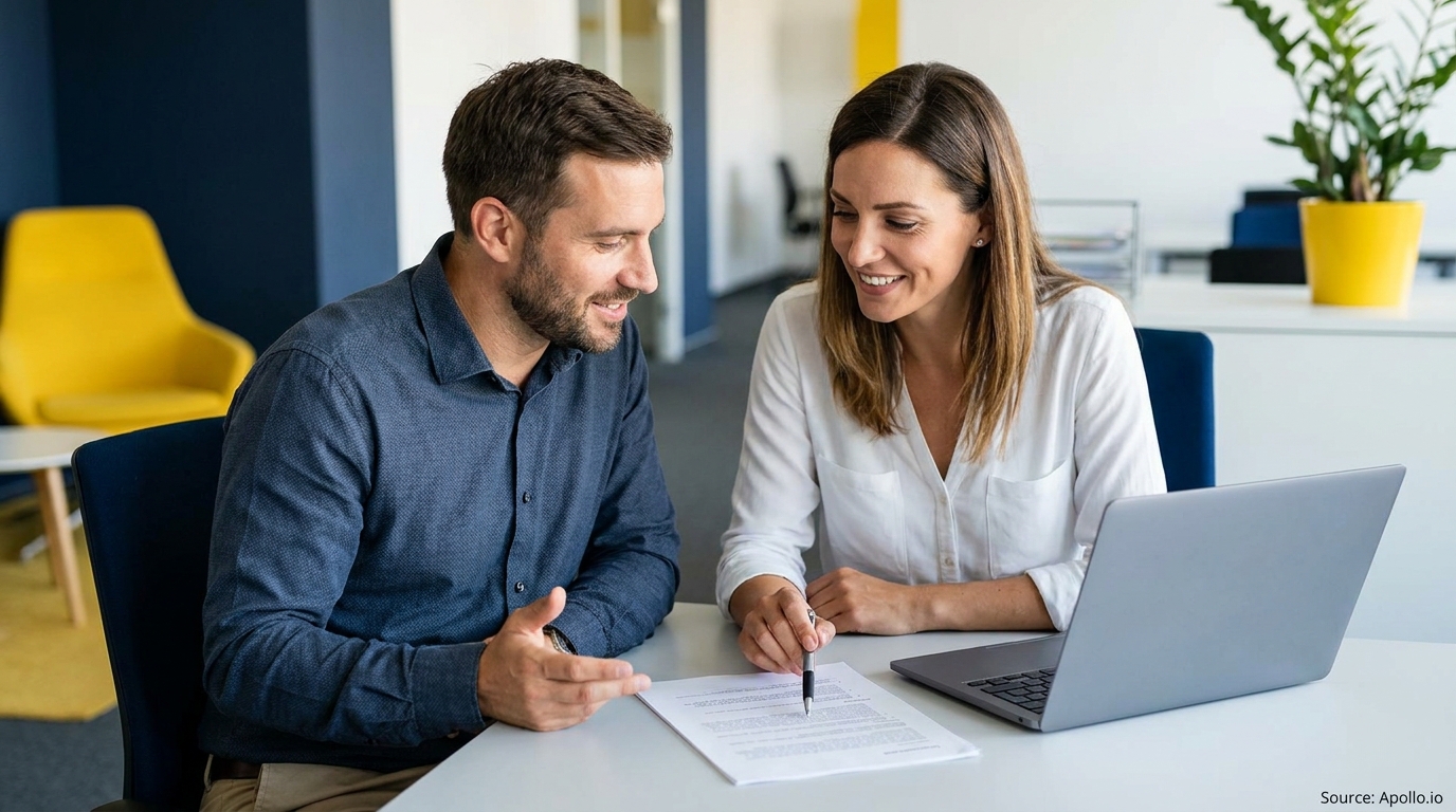 Two smiling colleagues discuss a document at a modern office table with a laptop.