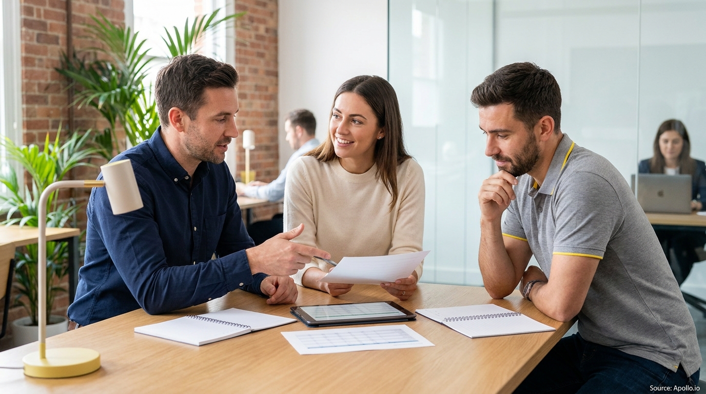 Three colleagues discuss data and documents around a tablet in a modern office.