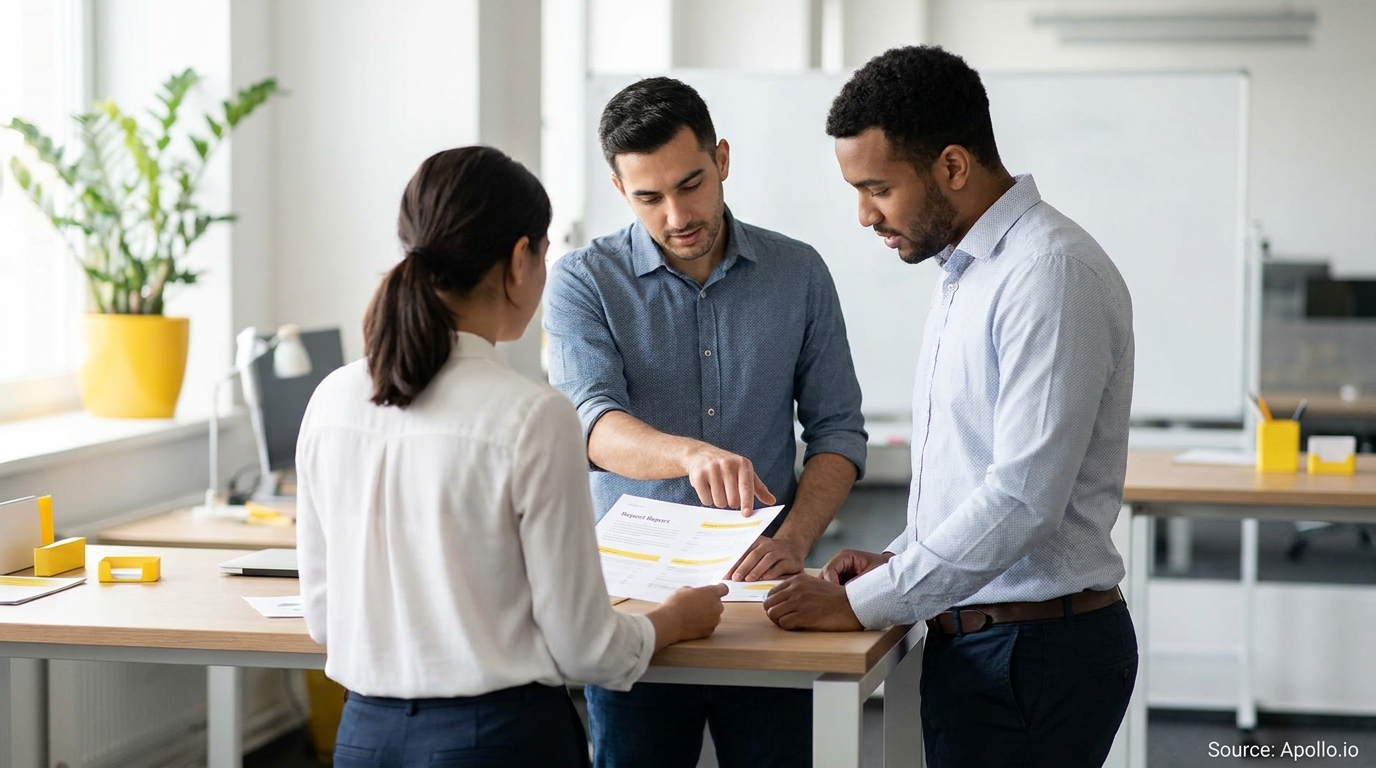Three diverse professionals discuss a report at a light wood table in a modern office.