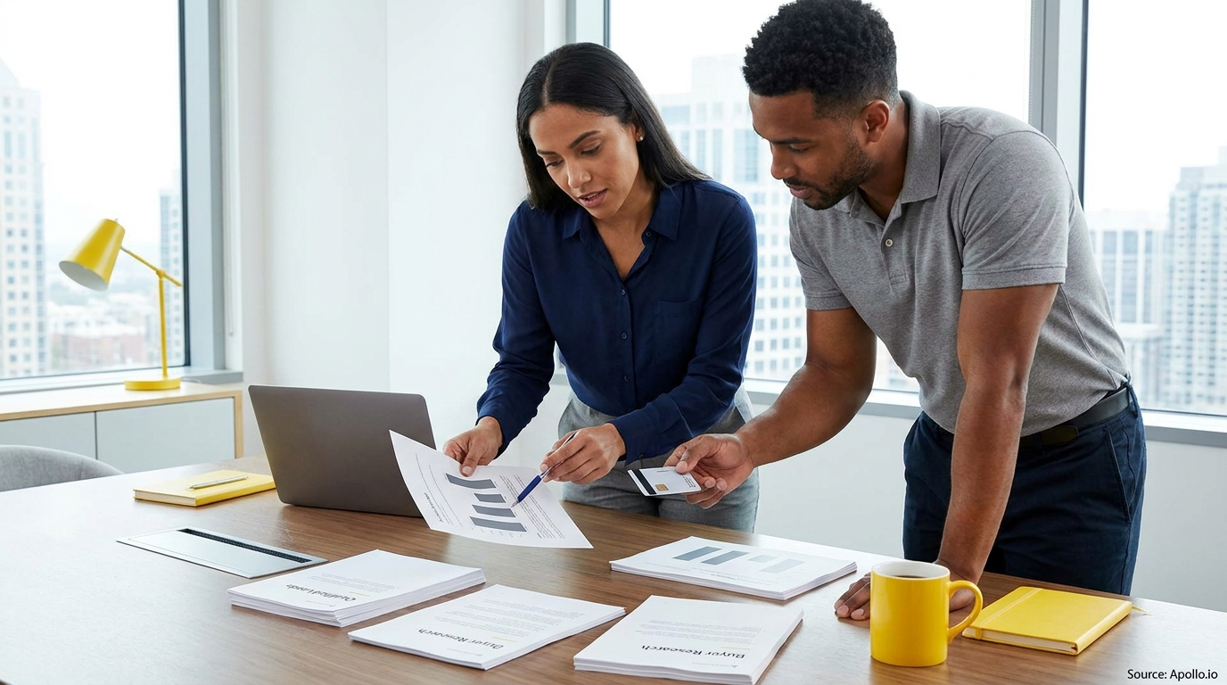 Two colleagues discuss data charts on documents at a modern office table.