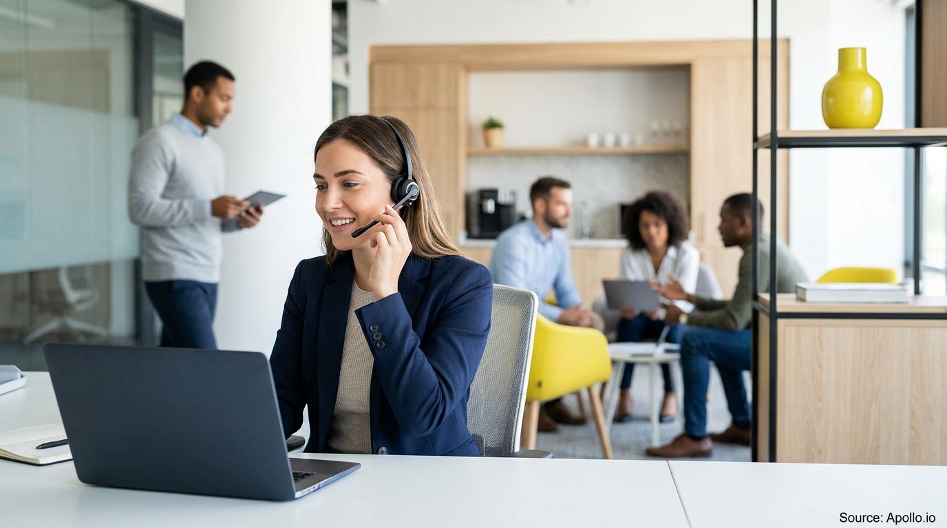 A smiling woman wearing a headset works at a laptop in an open-plan office with multiple colleagues collaborating.