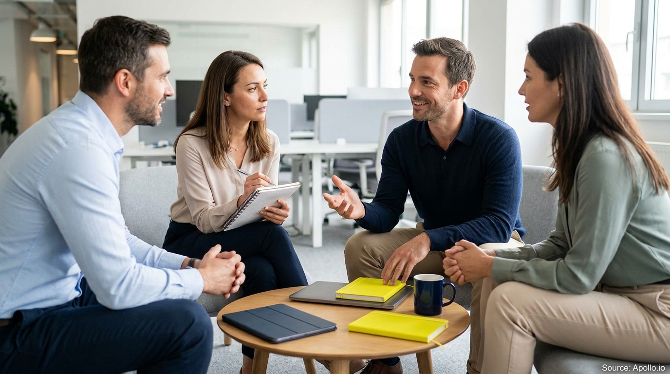 Four professionals discuss work in a modern office lounge, with one taking notes.