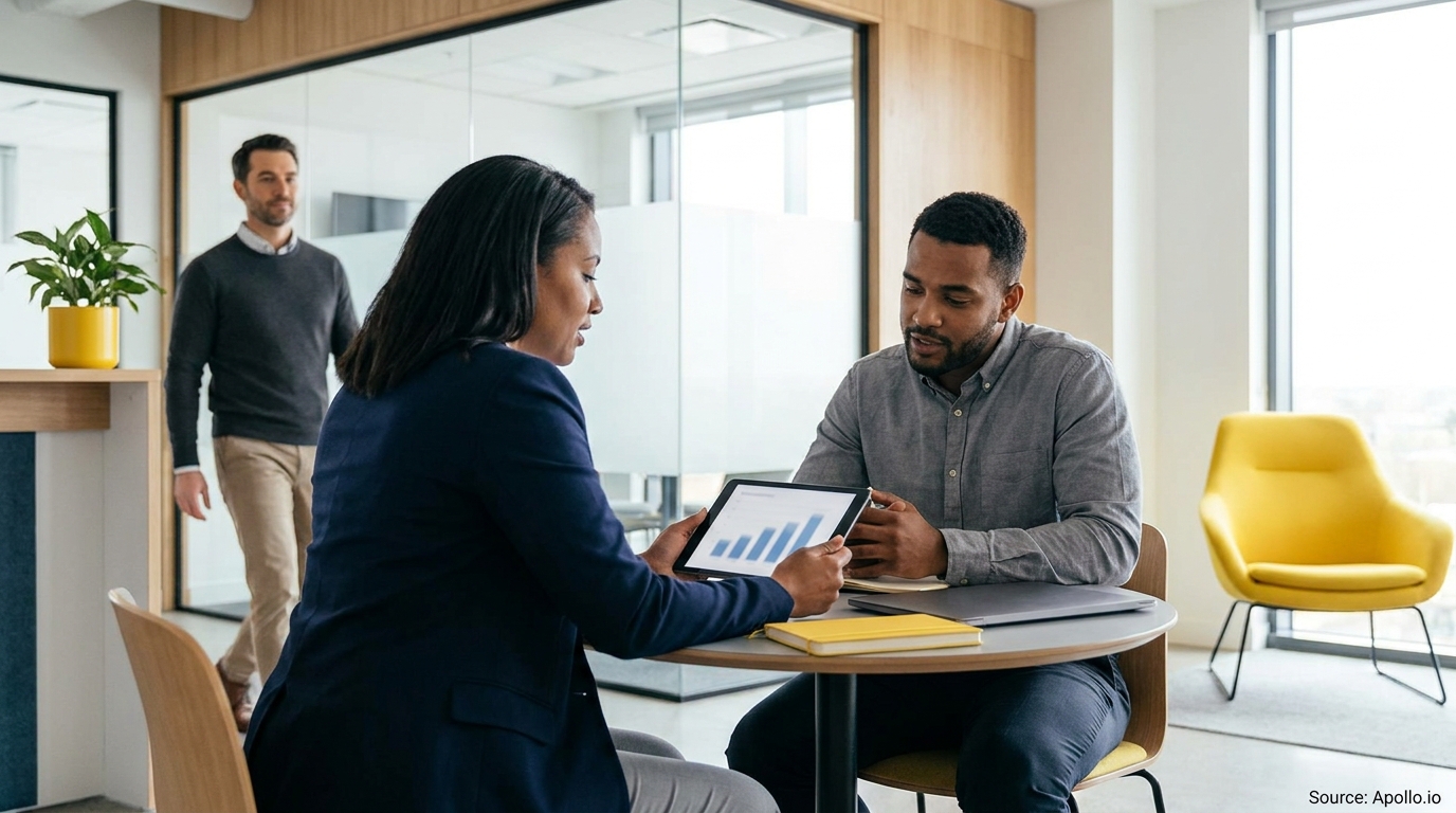 Two people discuss data on a tablet at an office table, while a third person walks in the background.