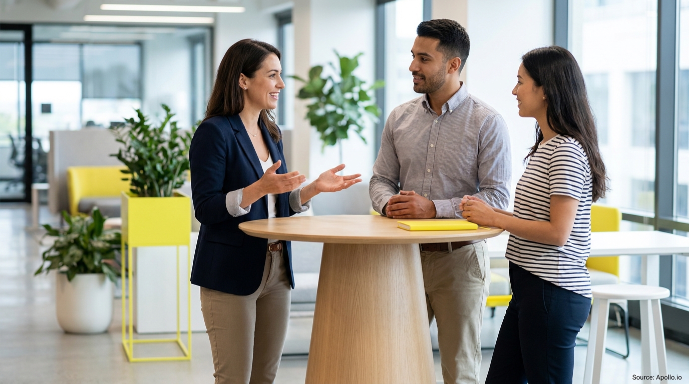 Three diverse professionals stand and chat around a table in a bright, modern office space.