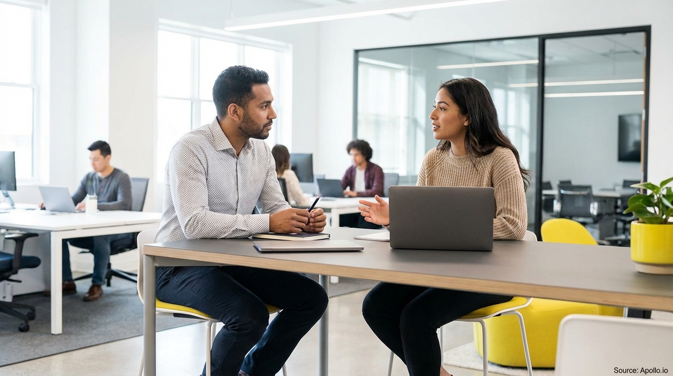 Two people discuss at a table with a laptop in a modern office.