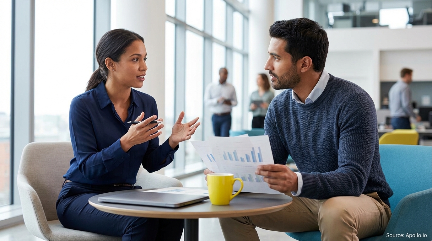 Two professionals discussing documents with charts in a bright office.