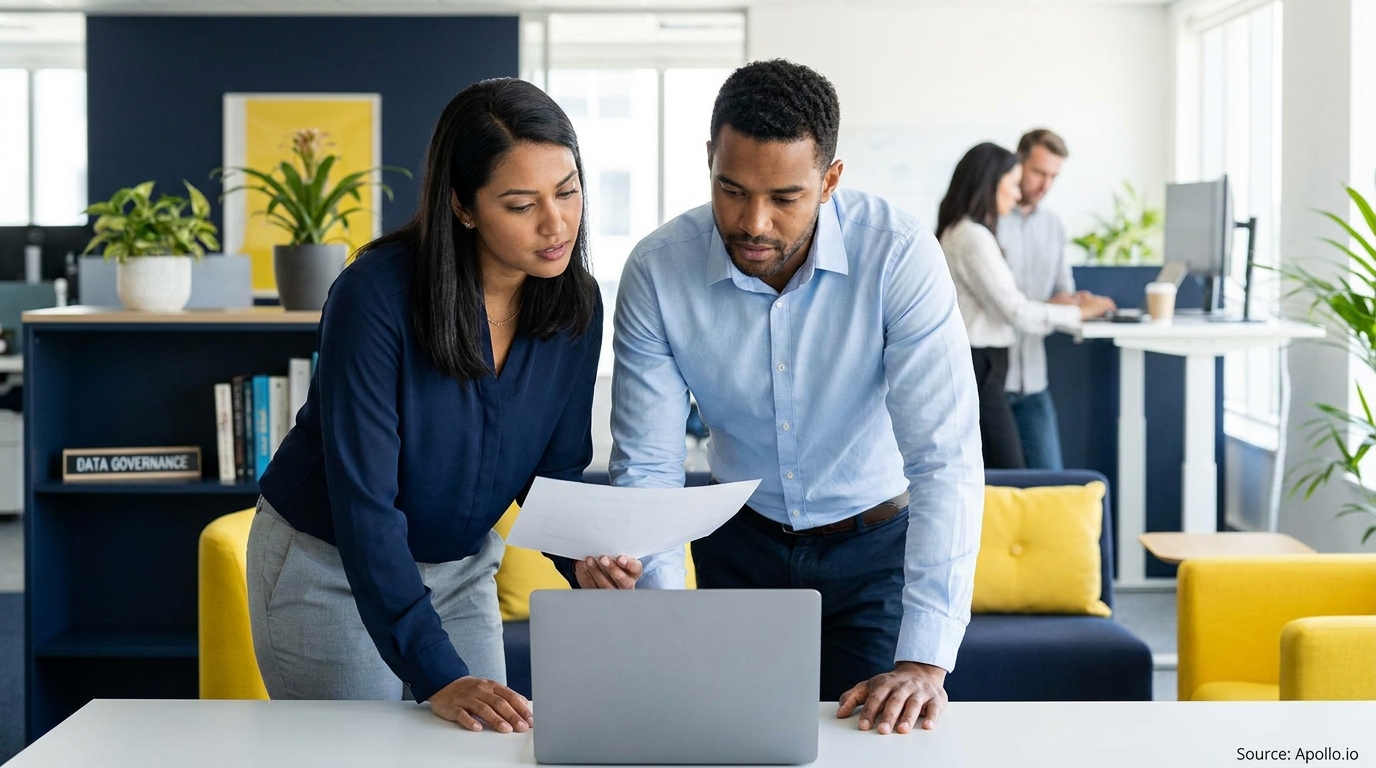 Two professionals discuss documents and a laptop in a modern office, with two others working in the background.