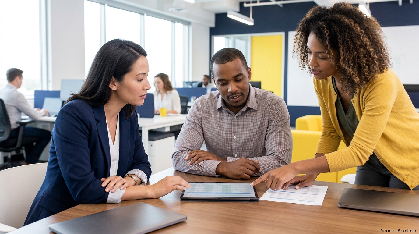 Three business colleagues review data on a tablet at a table in a bright open office.