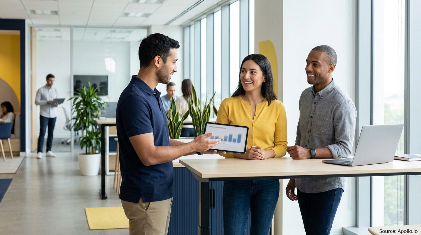 Three colleagues review data on a tablet at a bright, modern office.