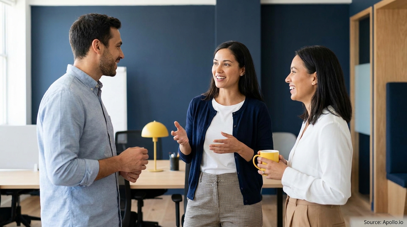 Three smiling colleagues chat in a modern office, one holding a yellow mug.