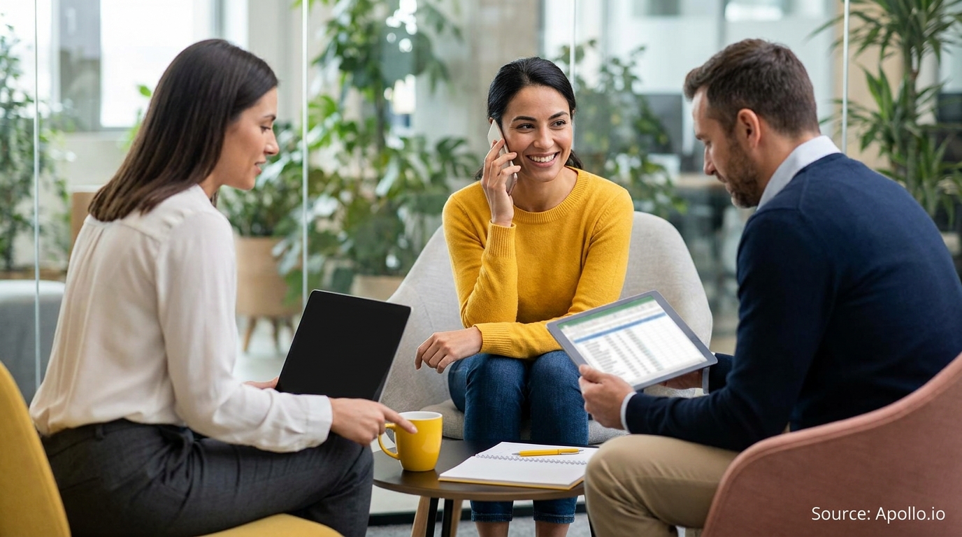 Three professionals collaborate in an office, using a phone, laptop, and tablet.