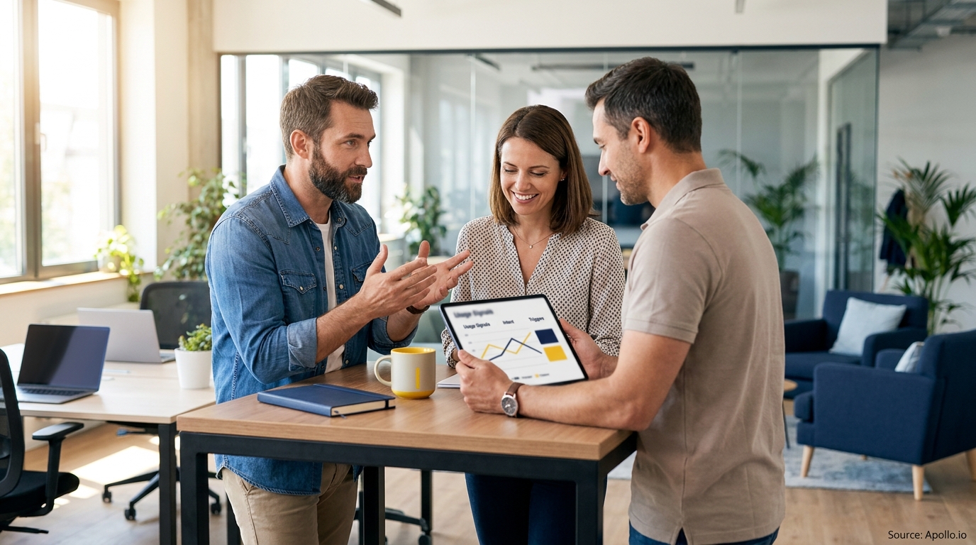 Three colleagues discuss data charts on a tablet at a modern office.