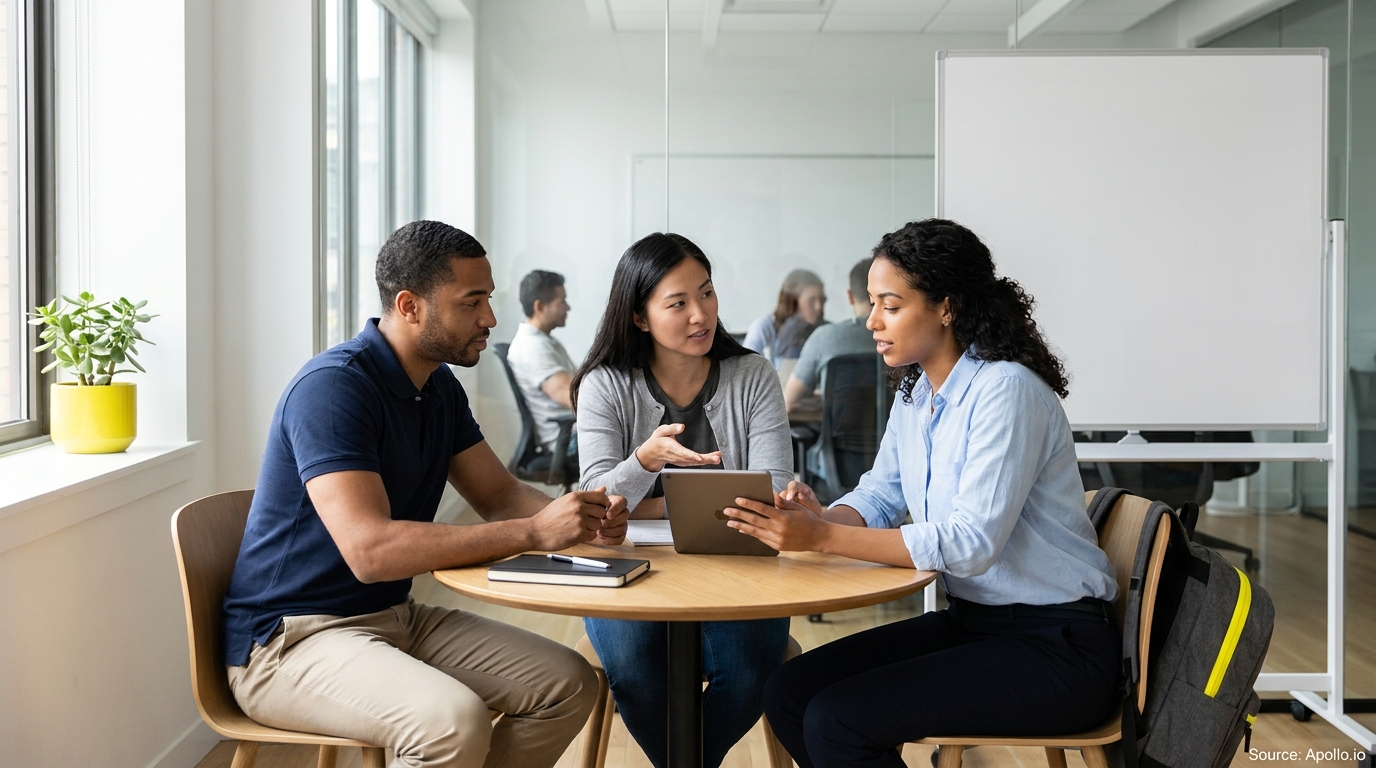 Three diverse professionals discuss content on a tablet at a round table in a bright office.