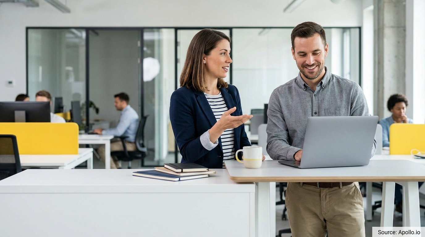 Two professionals interact at a standing desk, one smiling at a laptop, while others work in a modern office.