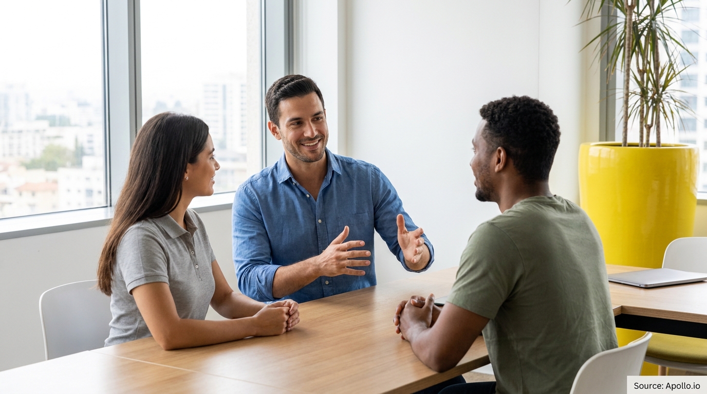 Three people engaged in conversation around a bright office table with a city view.