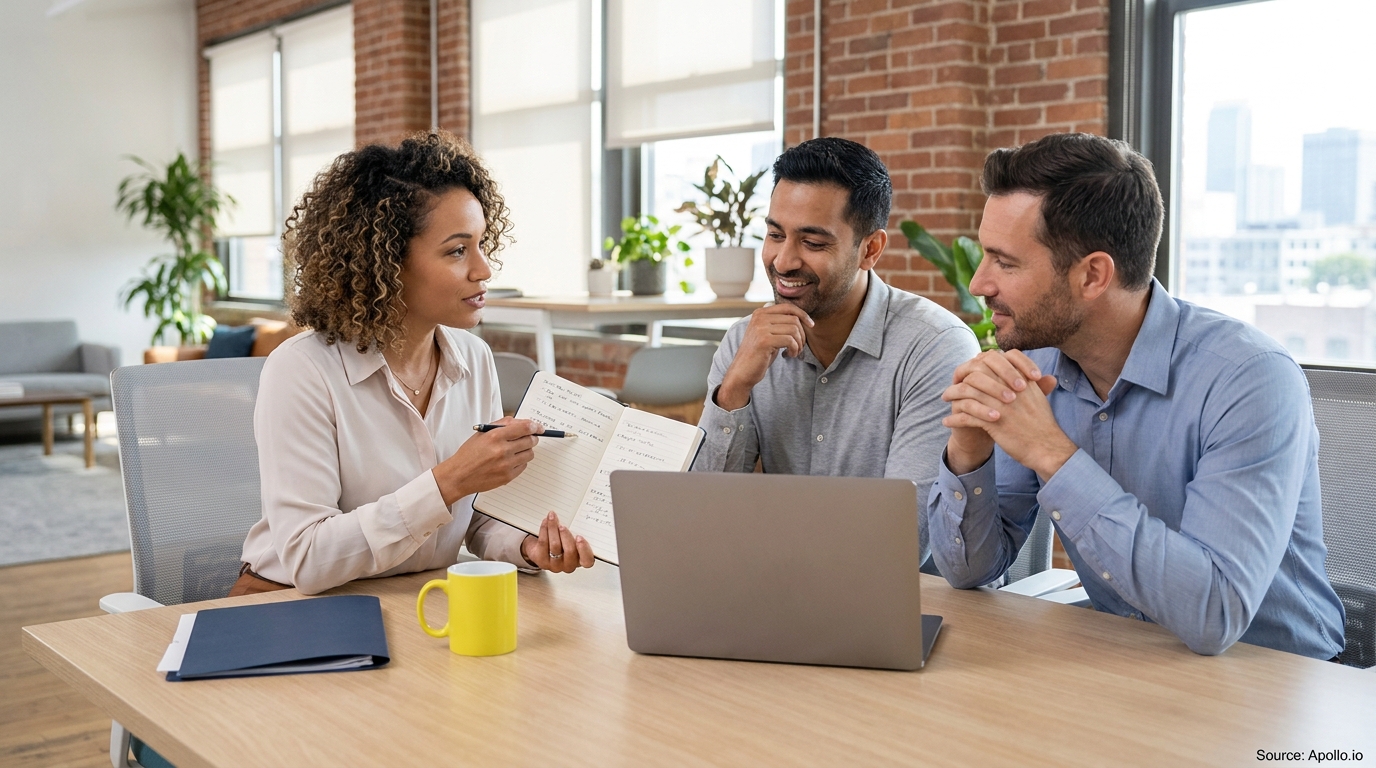 Three colleagues review a notebook and laptop during a meeting in a bright office.
